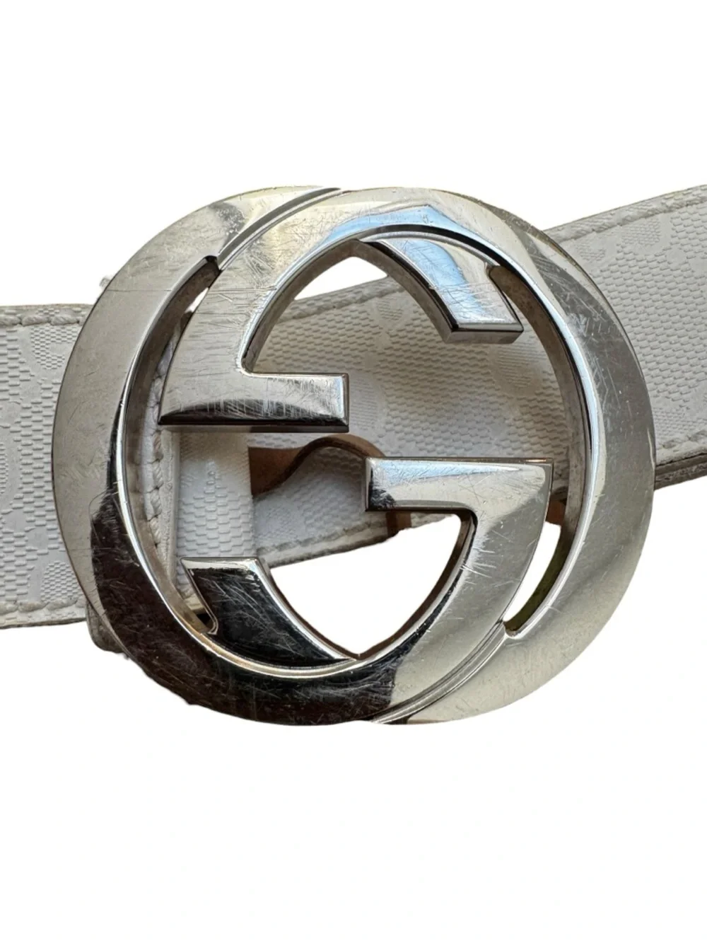 Gucci Cream Monogram Canvas Belt with Silver Double G Buckle